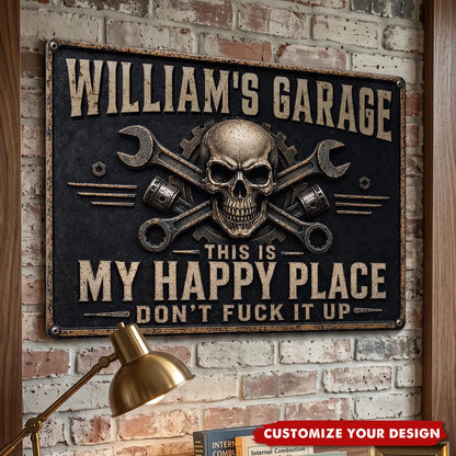 "This Is My Happy Place" Personalized Garage Metal Sign - Custom Workshop Decor Gift