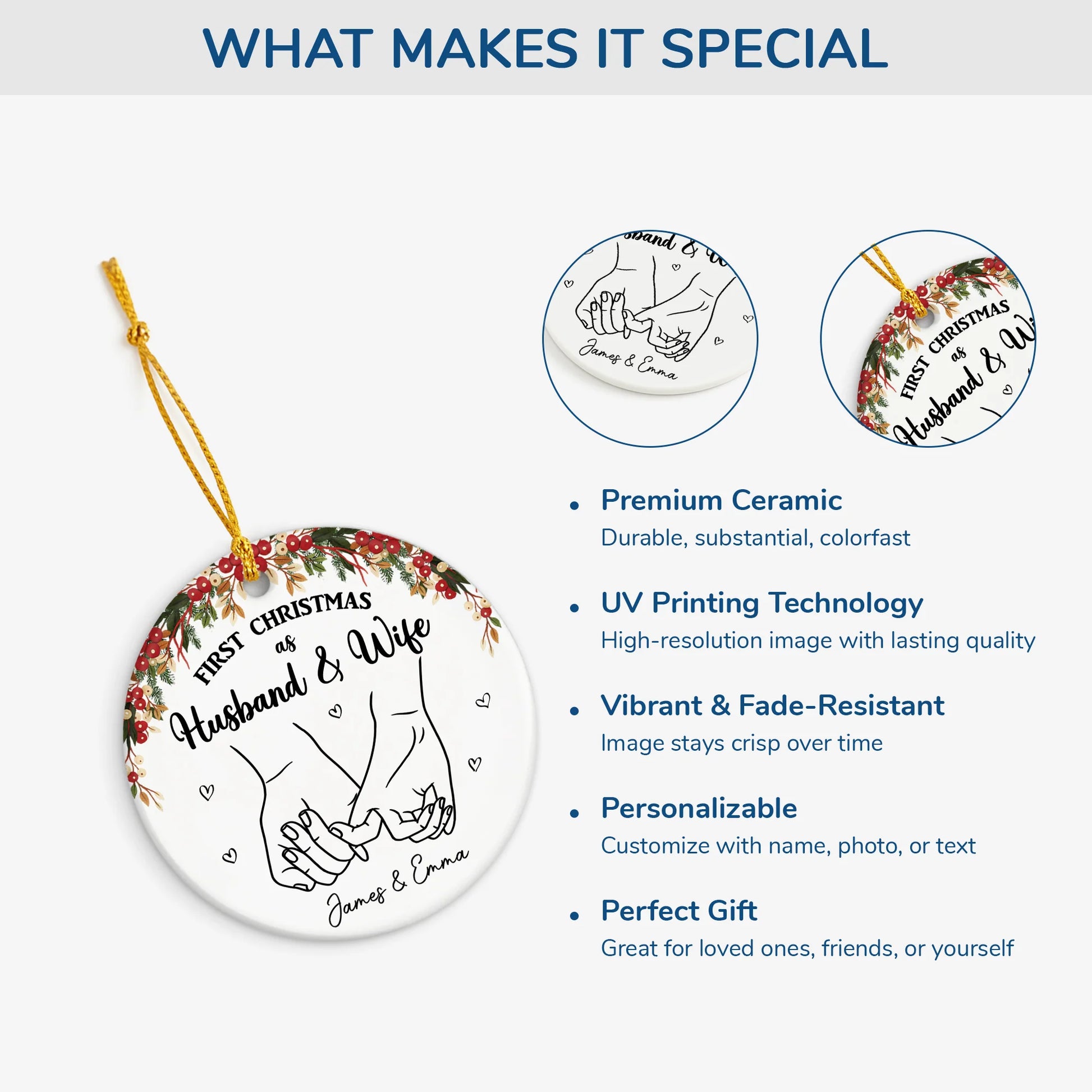 "First Christmas as Husband & Wife" Personalized Ceramic Ornament - Custom Gift for Newlywed Couples