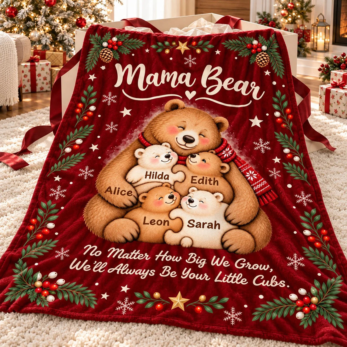 "Always Be Your Little Cubs" Personalized Mama Bear Blanket - Custom Kids' Names Christmas Gift for Mom