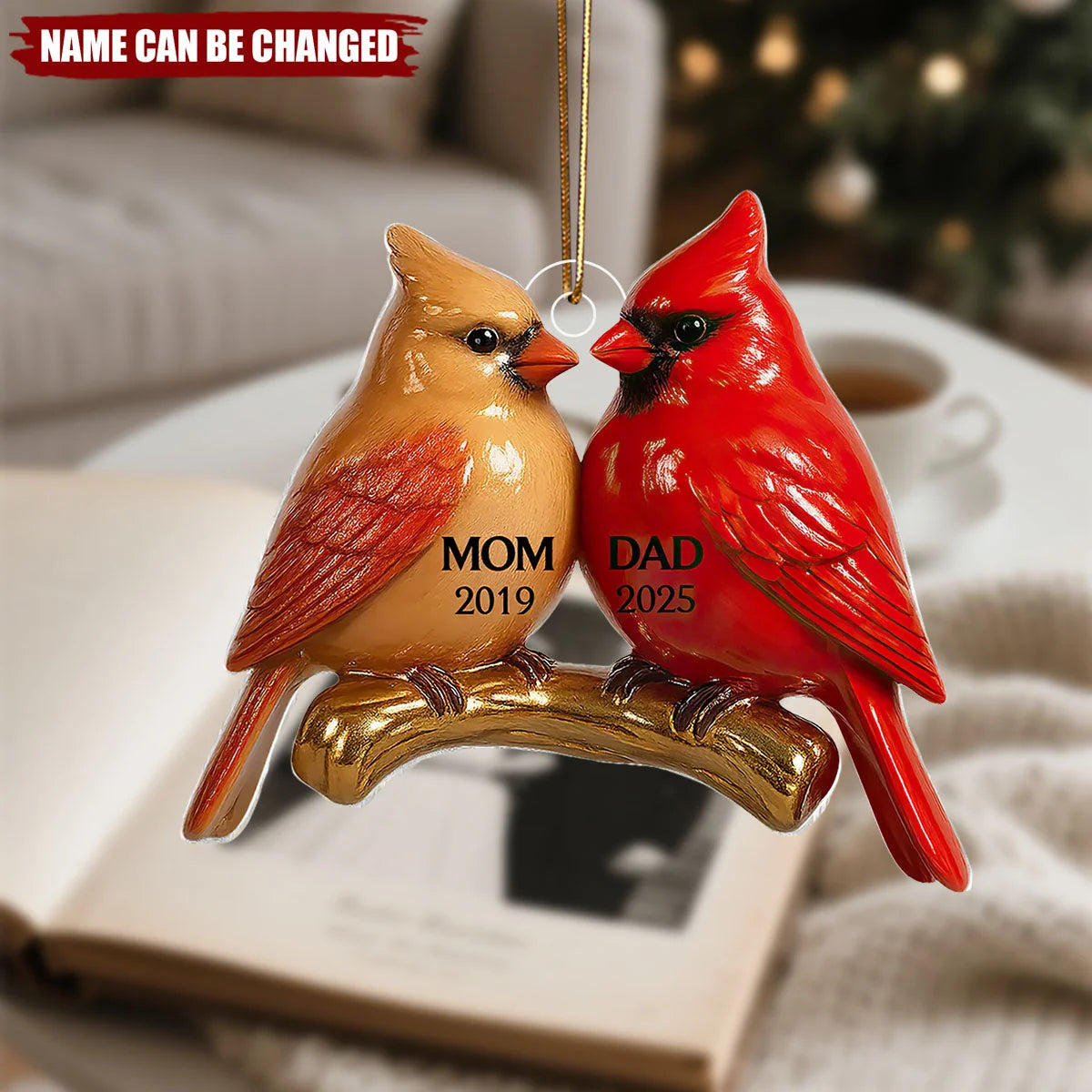 Vintage Cardinals Personalized Memorial Acrylic Ornament - Mom and Dad Keepsake