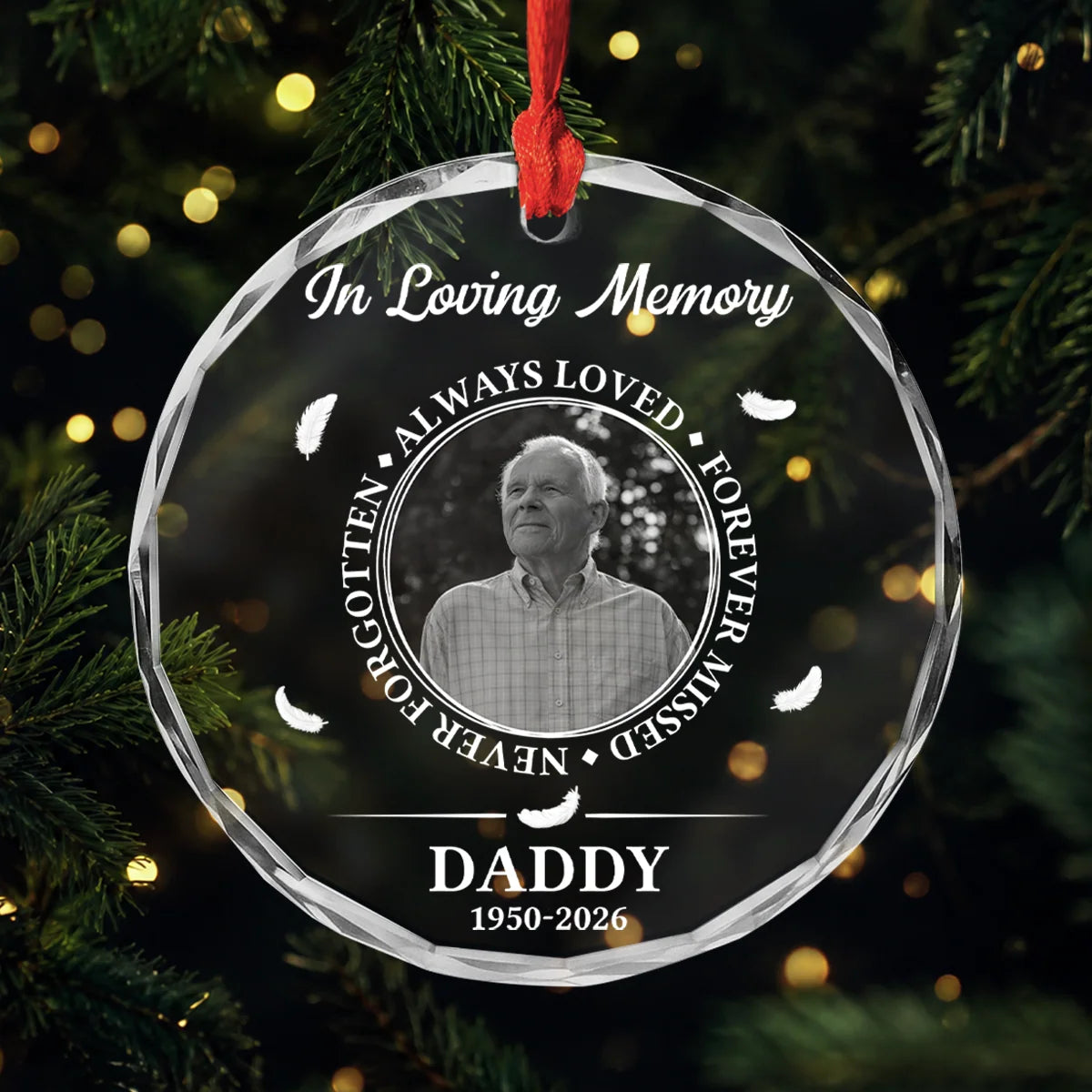 "Always Loved Forever Missed" Custom Photo Glass Ornament - Memorial Keepsake Gift for Mom Dad