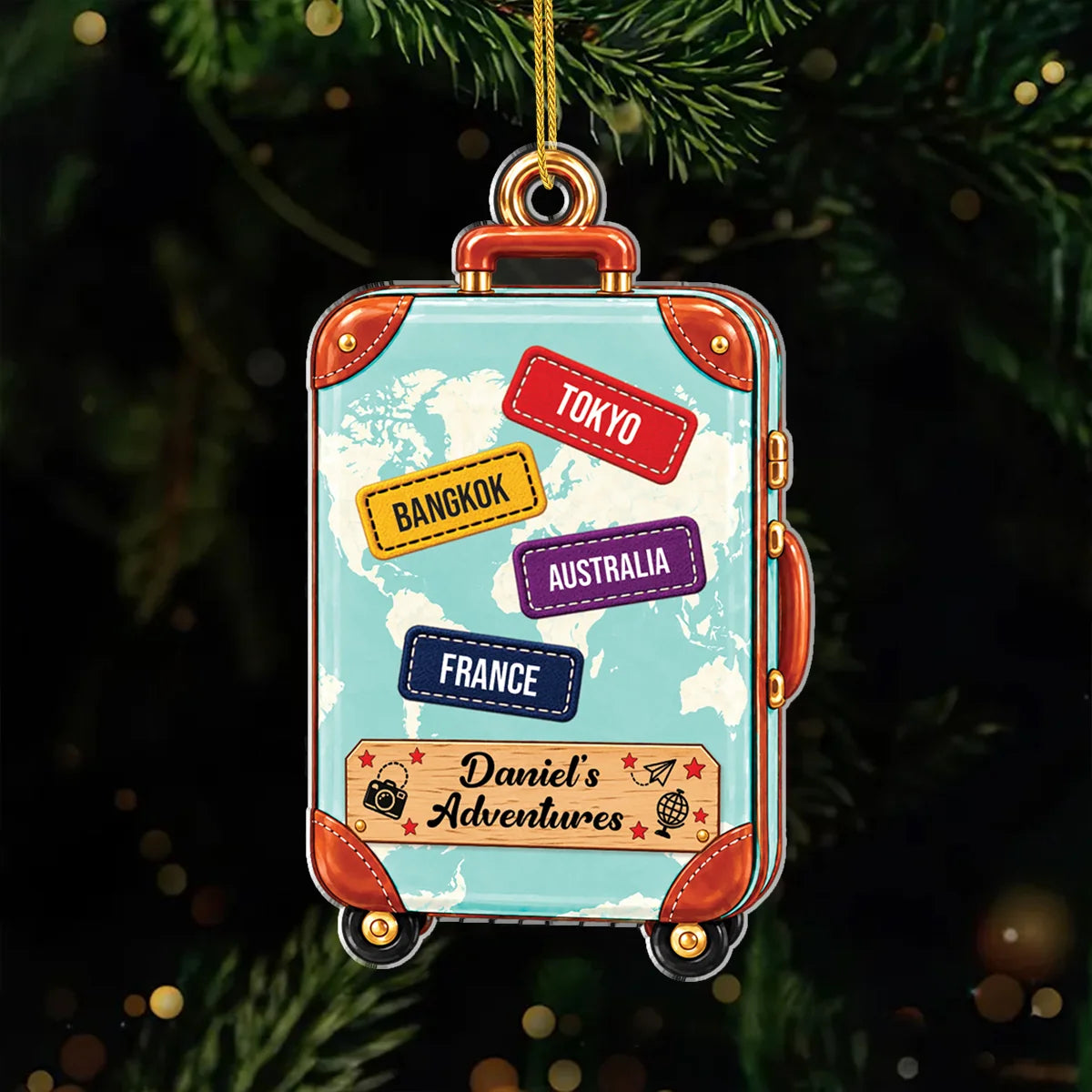 World Map Suitcase Personalized Acrylic Ornament - Custom Travel Keepsake Gift for Wanderlust Lovers