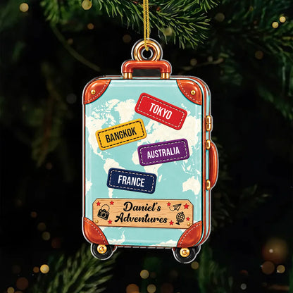 World Map Suitcase Personalized Acrylic Ornament - Custom Travel Keepsake Gift for Wanderlust Lovers