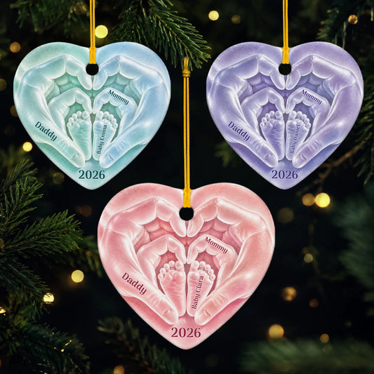 Baby Hands and Feet Heart Personalized Ceramic Ornament - Christmas Keepsake Gift for New Parents