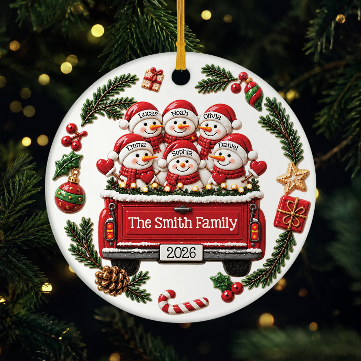 Snowman Family Truck Ceramic Ornament - Personalized Christmas Ornament Gift for Family