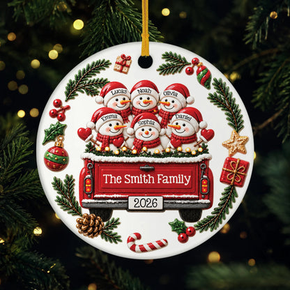 Snowman Family Truck Ceramic Ornament - Personalized Christmas Ornament Gift for Family