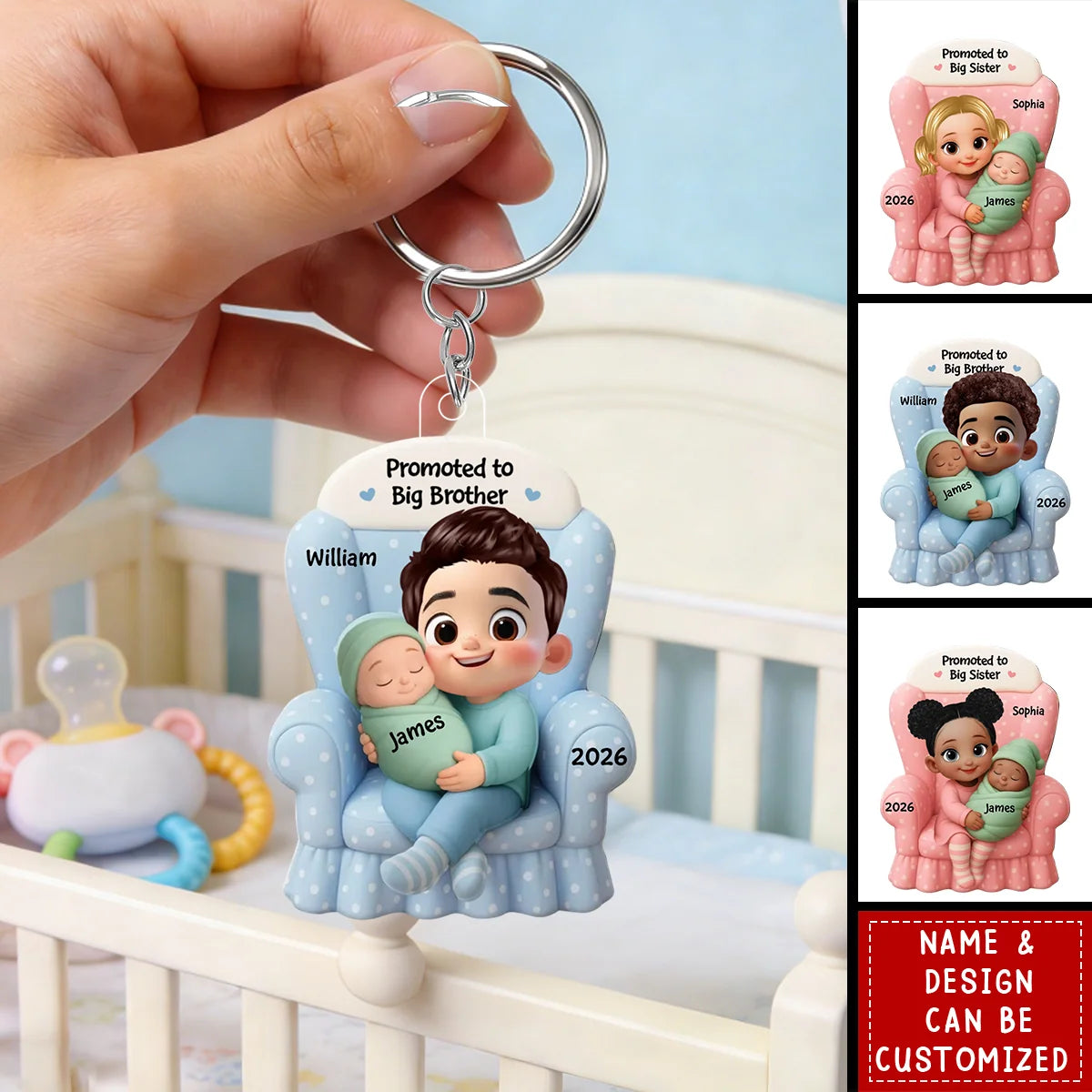 Promoted to Big Sister Personalized Acrylic Keychain - Custom Kids New Baby Announcement Keepsake