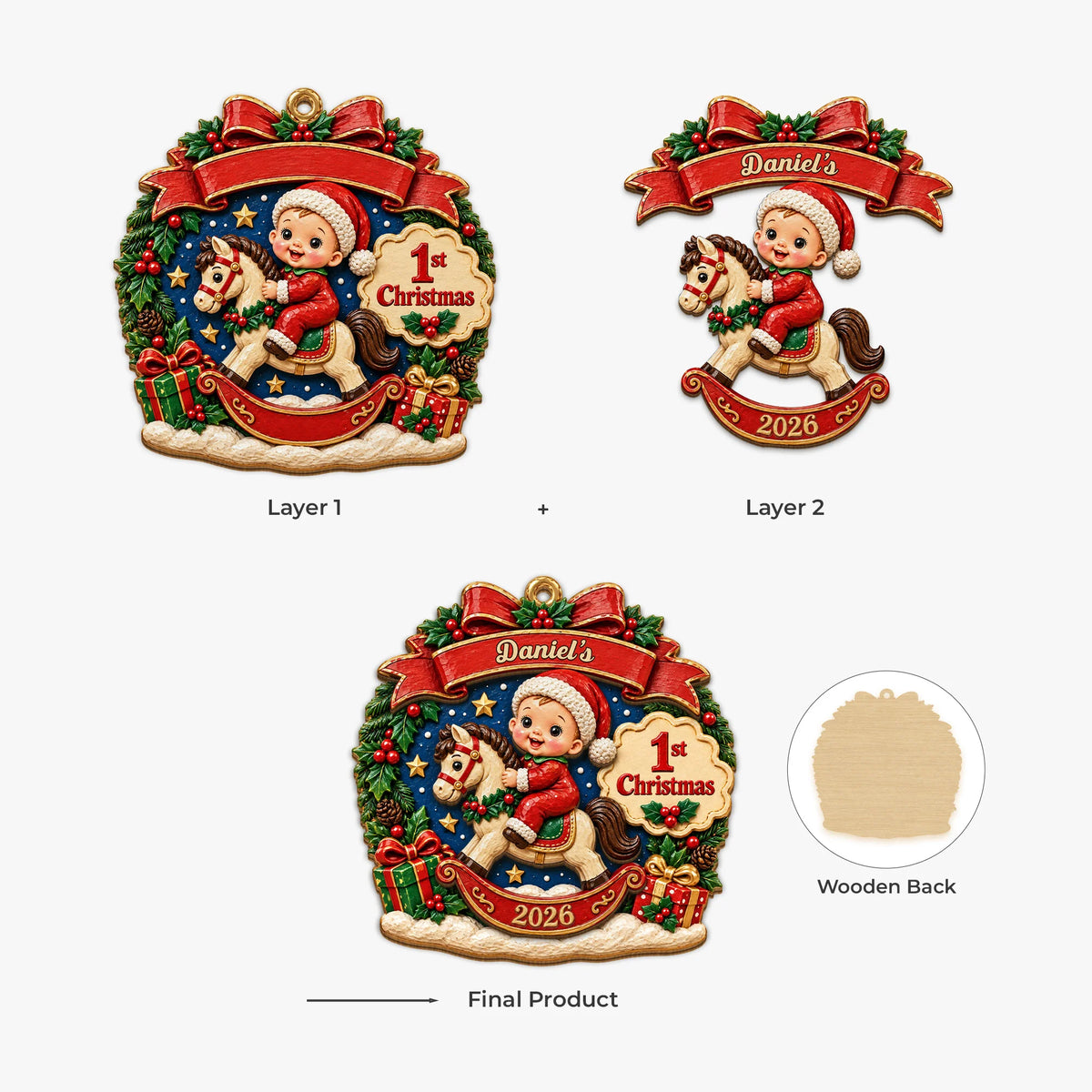 Baby's 1st Christmas Personalized Wooden Ornament - Custom Rocking Horse Keepsake for Newborns & Holiday Tree Decor