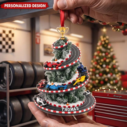 Personalized Racing Christmas Tree Acrylic Ornament - Custom Name Race Track Holiday Keepsake for Dad, Son & Racing Fans