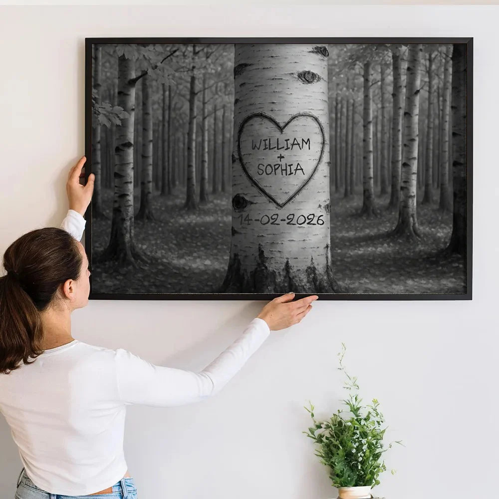 Custom Tree Carving Heart Canvas / Poster - Personalized Couple Name Anniversary Wall Art