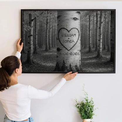 Custom Tree Carving Heart Canvas / Poster - Personalized Couple Name Anniversary Wall Art