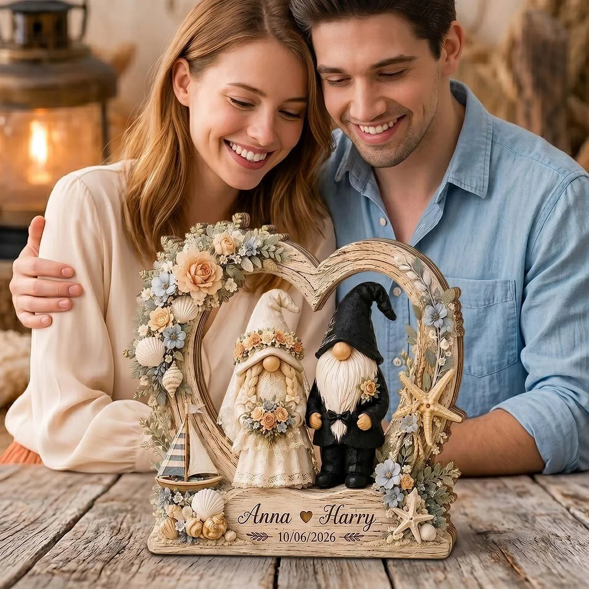 Personalized Coastal Gnome Couple Heart Wooden Block - Custom Beach Wedding & Anniversary Keepsake Gift