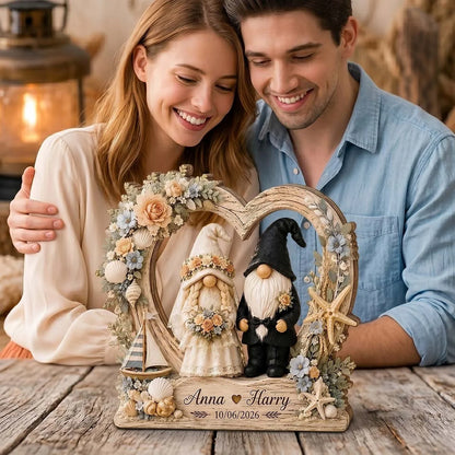 Personalized Coastal Gnome Couple Heart Wooden Block - Custom Beach Wedding & Anniversary Keepsake Gift