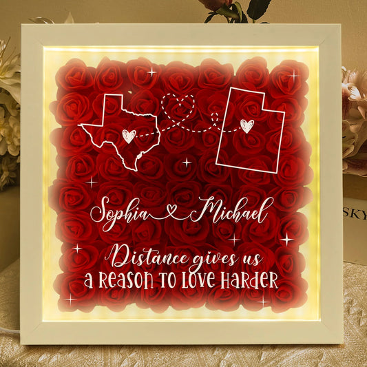 Custom long distance relationship flower shadow box with illuminated LED light frame for couples anniversary gift