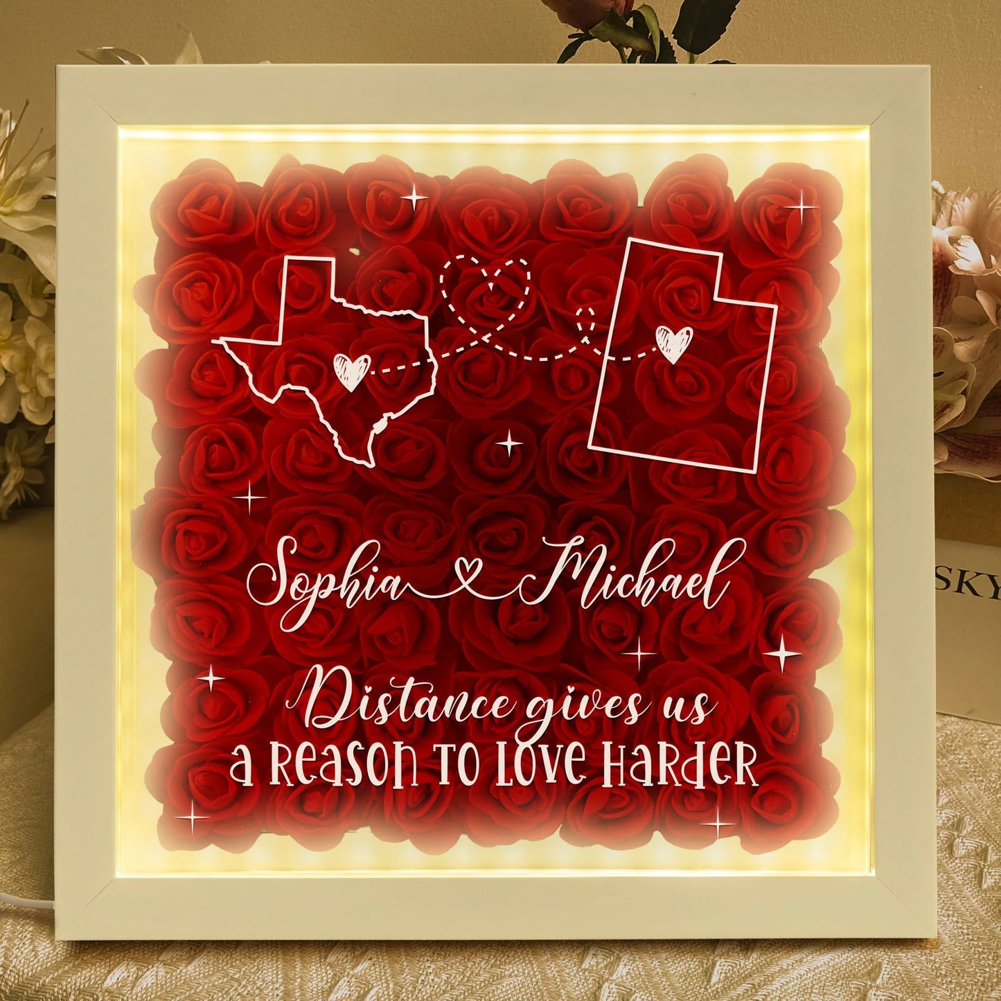 Custom long distance relationship flower shadow box with illuminated LED light frame for couples anniversary gift