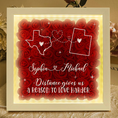 Custom long distance relationship flower shadow box with illuminated LED light frame for couples anniversary gift