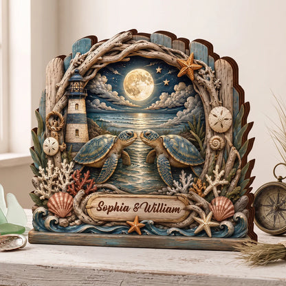 Turtley In Love Personalized Sea Turtle Wooden Block - Custom Gift for Couples Anniversary