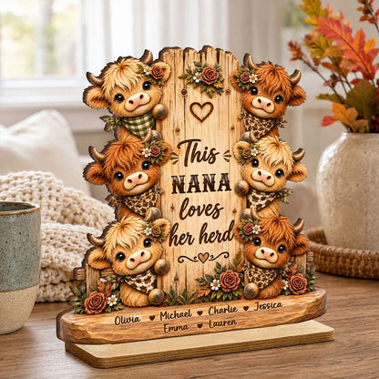 "This Grandma Loves Her Herd" Personalized Wooden Plaque - Custom Highland Cow Name Gift