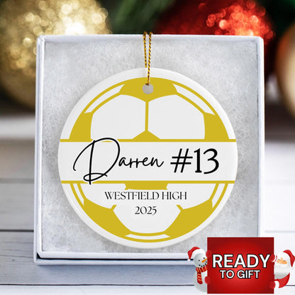 Personalized Soccer Ball Christmas Ornament - Custom Name & Number Ceramic Keepsake for Son