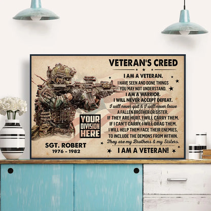 "I Am A Veteran" Personalized Veteran's Creed Canvas / Poster - Custom Veteran Gift for US Military