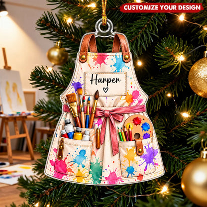 Paint-Splashed Apron Personalized Artist Christmas Ornament - Custom Name Gift for Painters and Art Teachers