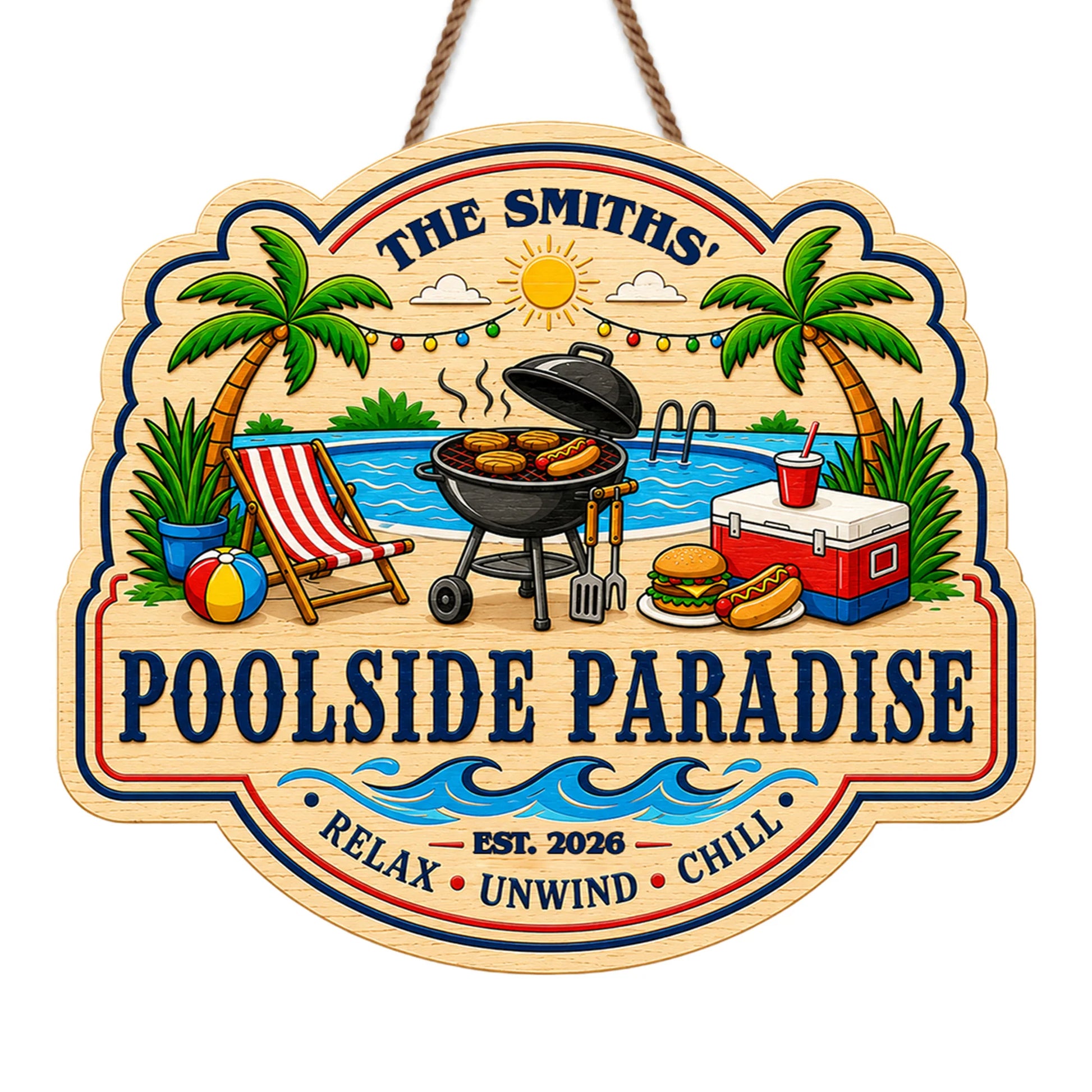 Personalized poolside paradise custom shaped wood sign with barbecue grill and palm trees for summer backyard decor image 7