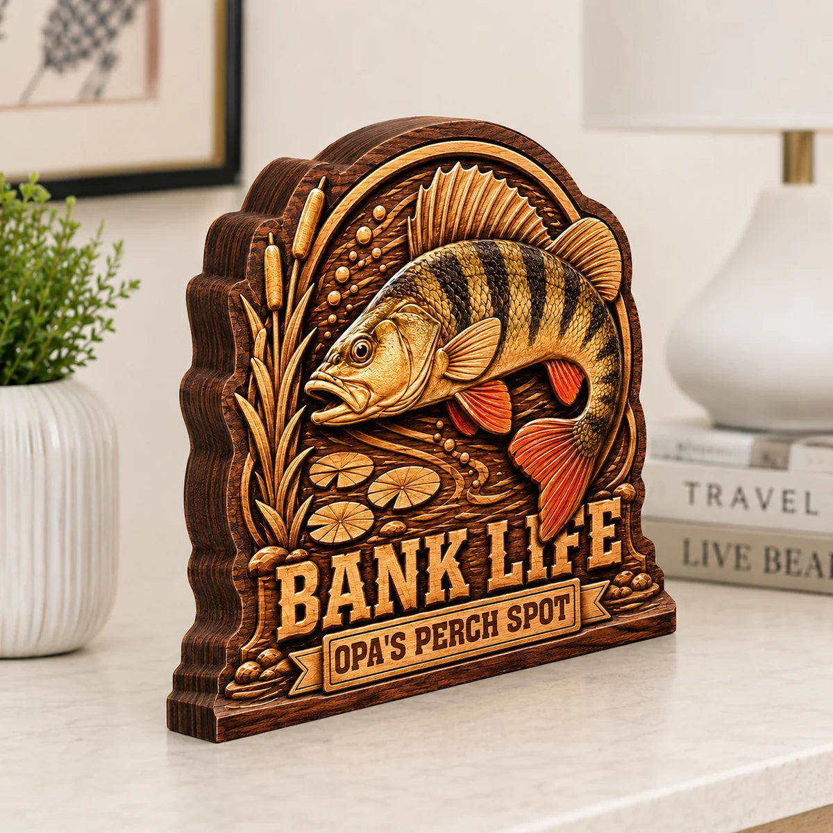 Bank Life Perch Fishing Personalized Wooden Block - Custom Gift for Anglers