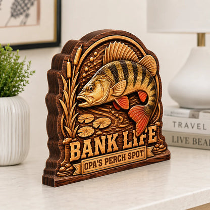 Bank Life Perch Fishing Personalized Wooden Block - Custom Gift for Anglers