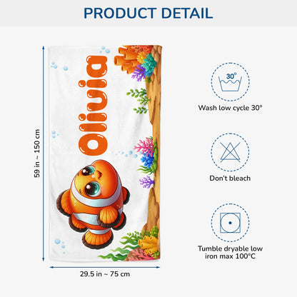 Cute Cartoon Fish Personalized Kids Beach Towel - Custom Name for Summer Vacation and Pool Days