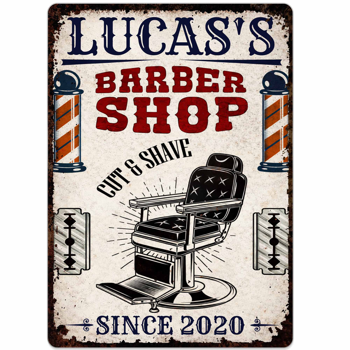 Custom Barber Shop Cut & Shave Metal Sign - Personalized Barber Chair Wall Decor for Men