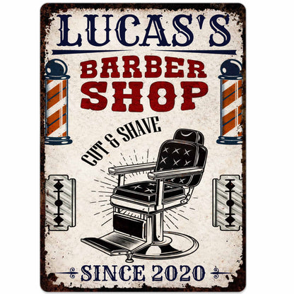 Custom Barber Shop Cut & Shave Metal Sign - Personalized Barber Chair Wall Decor for Men