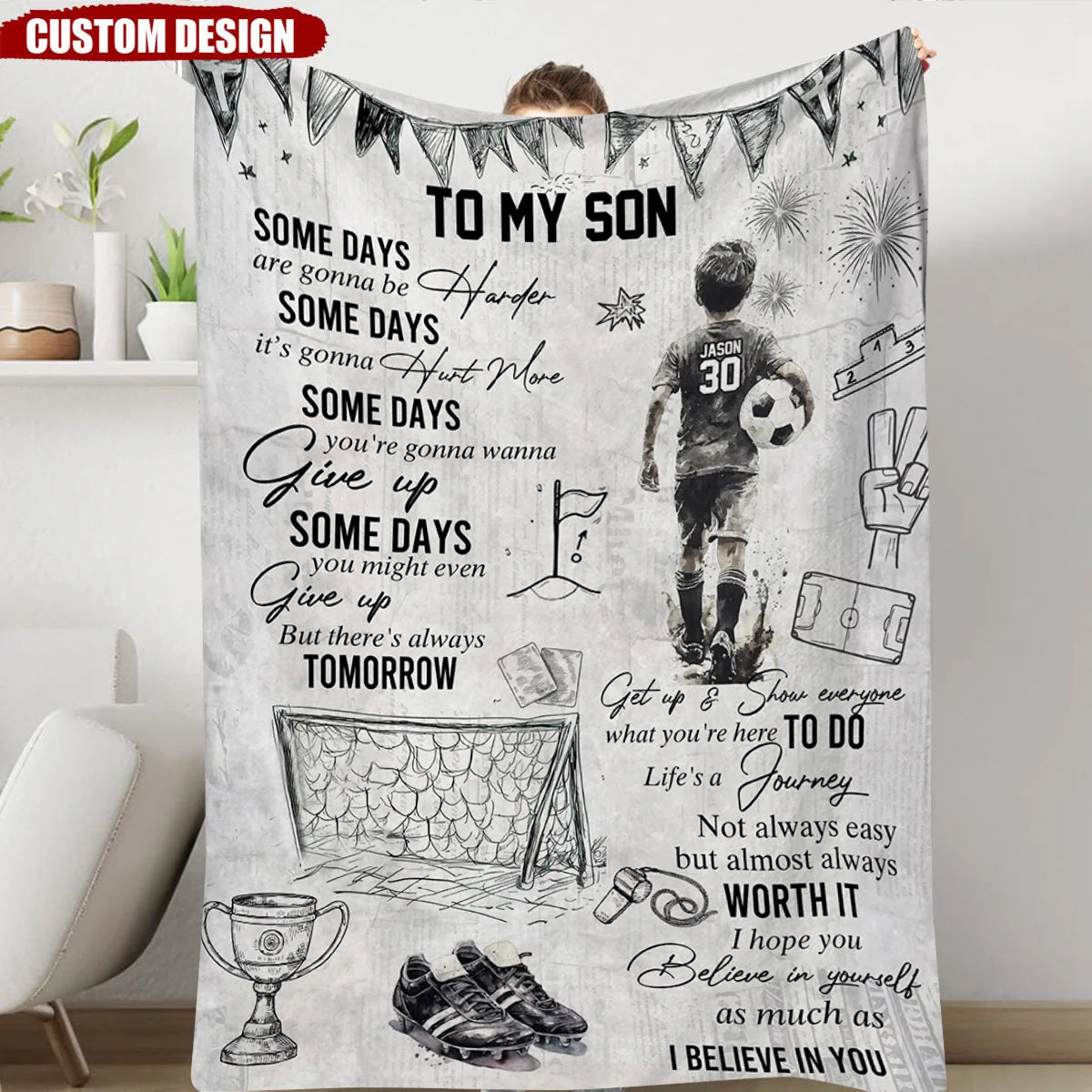 Personalized soccer blanket for boys featuring a custom name and jersey number next to an inspiring sports quote. image 6