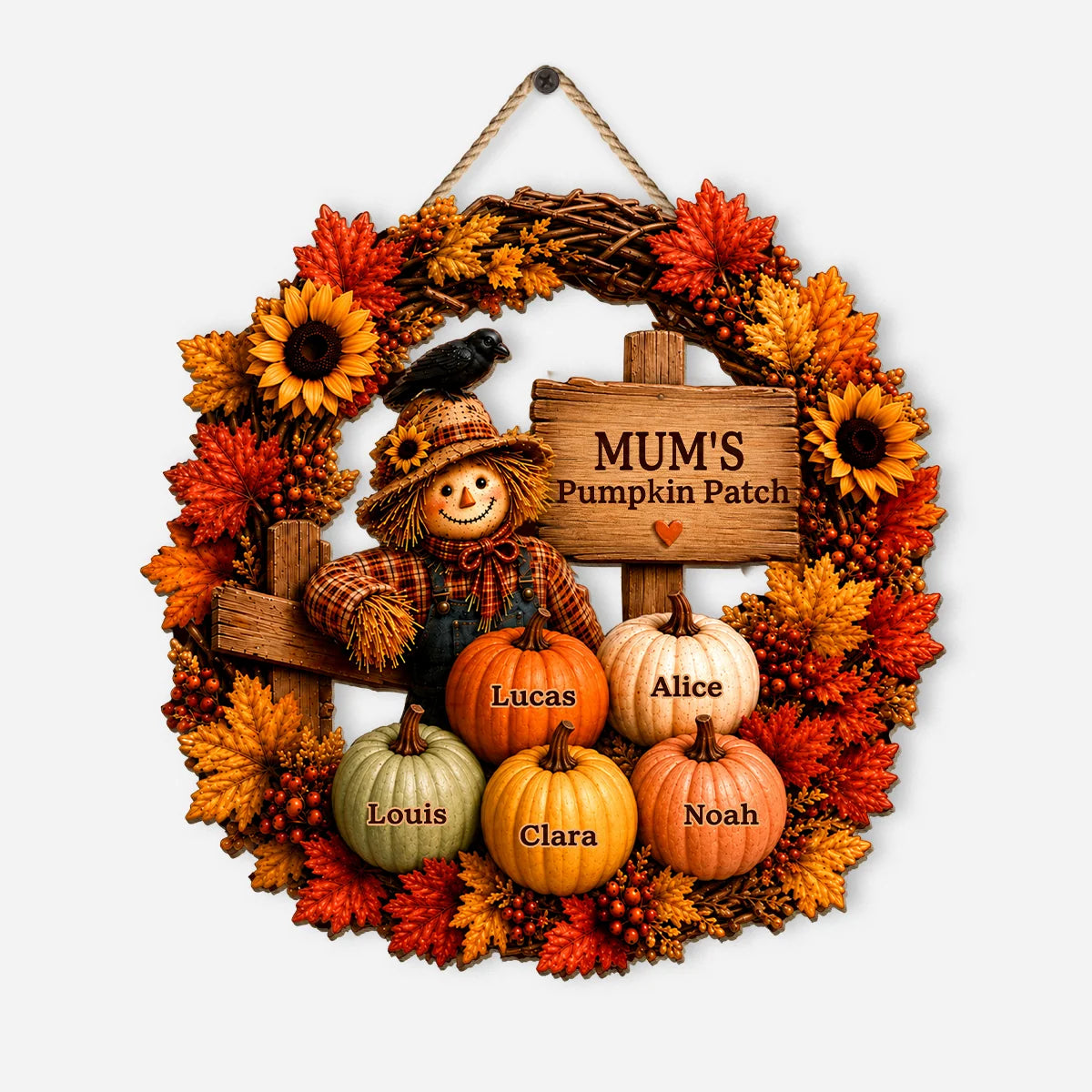 Pumpkin Patch Fall Wreath Personalized Wood Sign - Custom Family Autumn Decor for Grandma & Mom