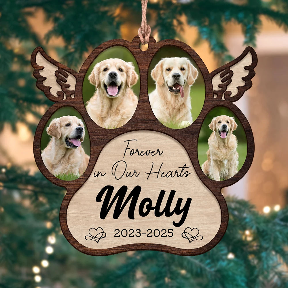 "Forever in Our Hearts" Personalized Pet Memorial Paw Wood Ornament - Custom Photo Dog Loss Keepsake Gift