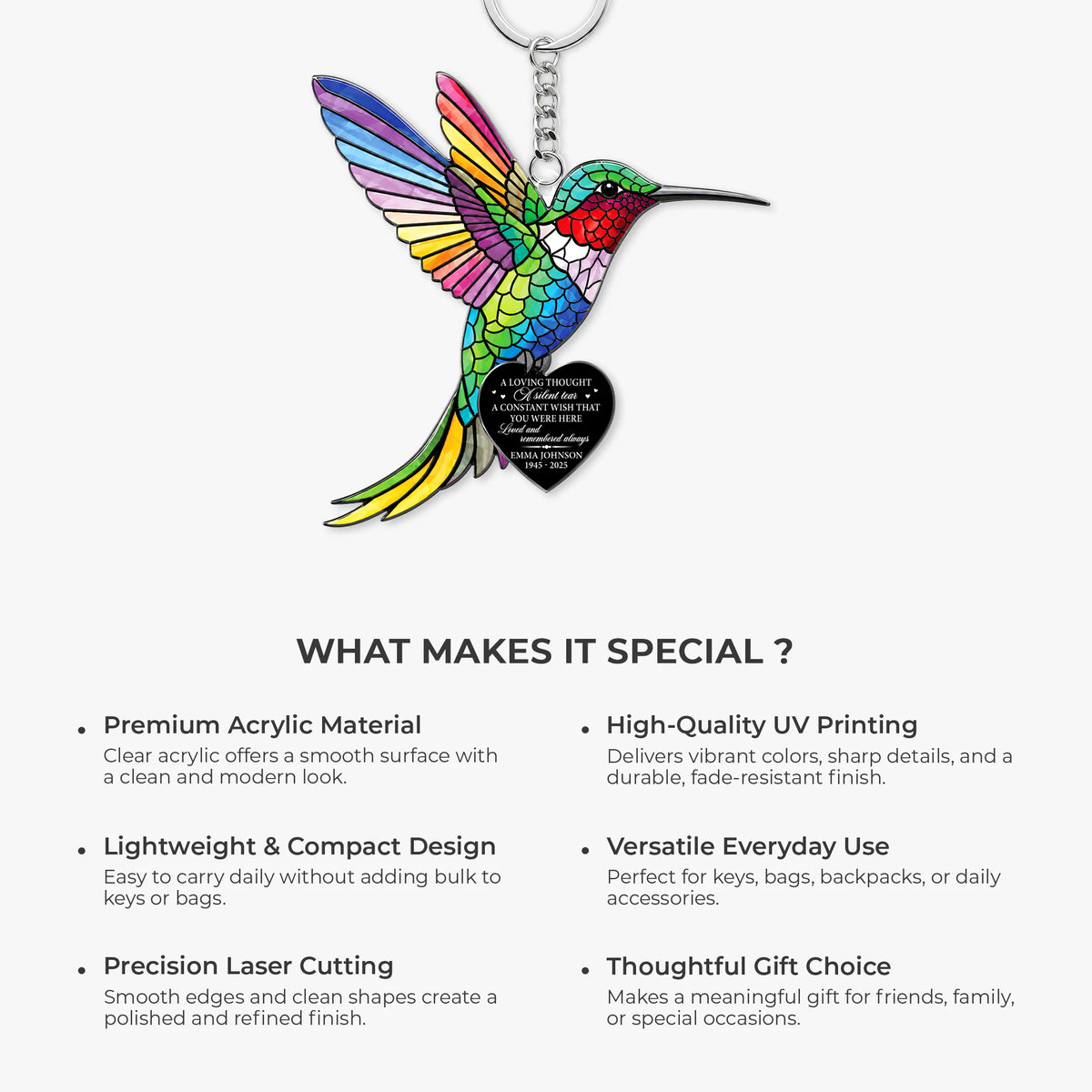 Personalized Bird Memorial Keychain - Hummingbird, Cardinal, Parakeet, Robin Sympathy Gift, Custom Name Loss of Loved One Keepsake