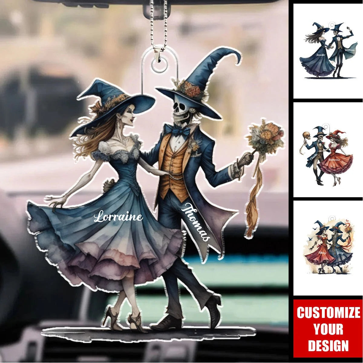 Spooky Dancing Witch Skeleton Couple - Personalized Acrylic Car Ornament for Lovers
