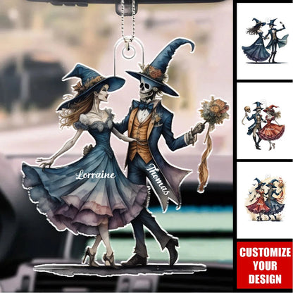 Spooky Dancing Witch Skeleton Couple - Personalized Acrylic Car Ornament for Lovers