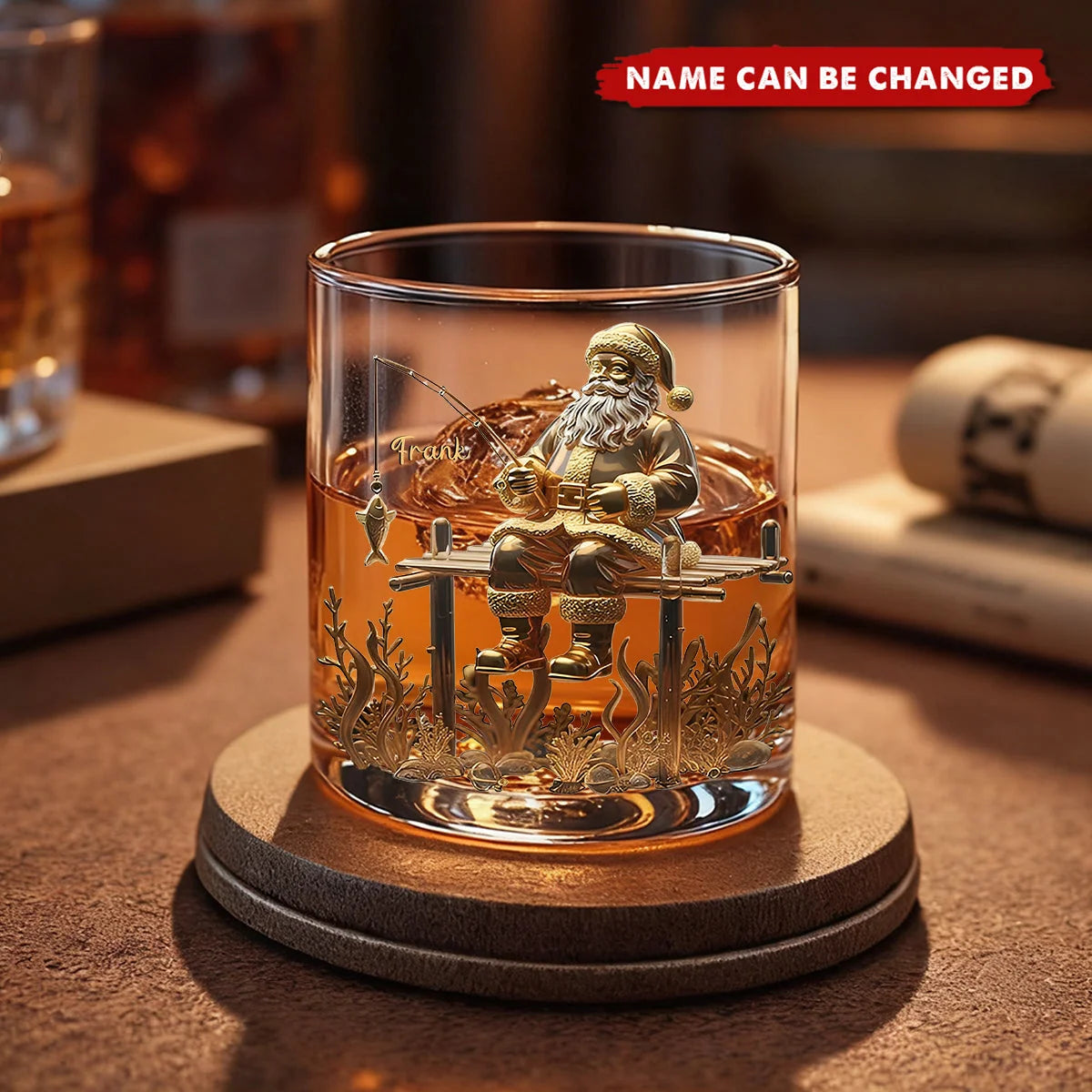 Santa's Fishing Time Personalized Whiskey Glass - Custom Christmas Gift for Fishing Lovers