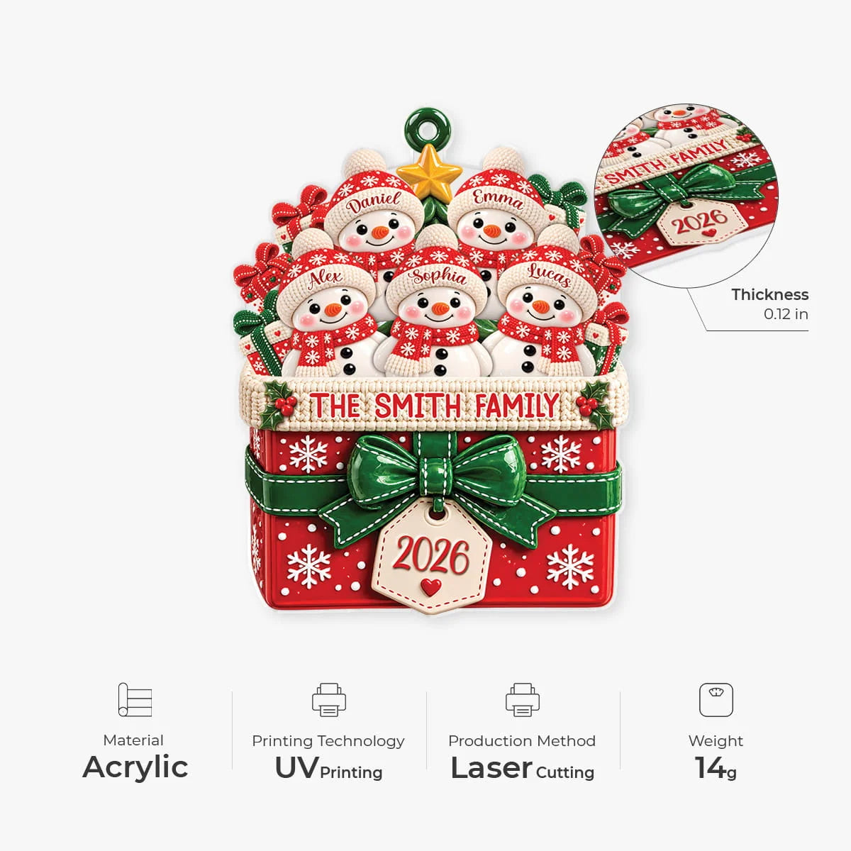 Snowman Gift Box Personalized Snowman Family Ornament - Custom Acrylic Christmas Keepsake for Families