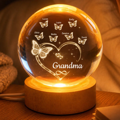 Personalized grandma crystal ball led night light with custom grandkid names and butterfly hearts
