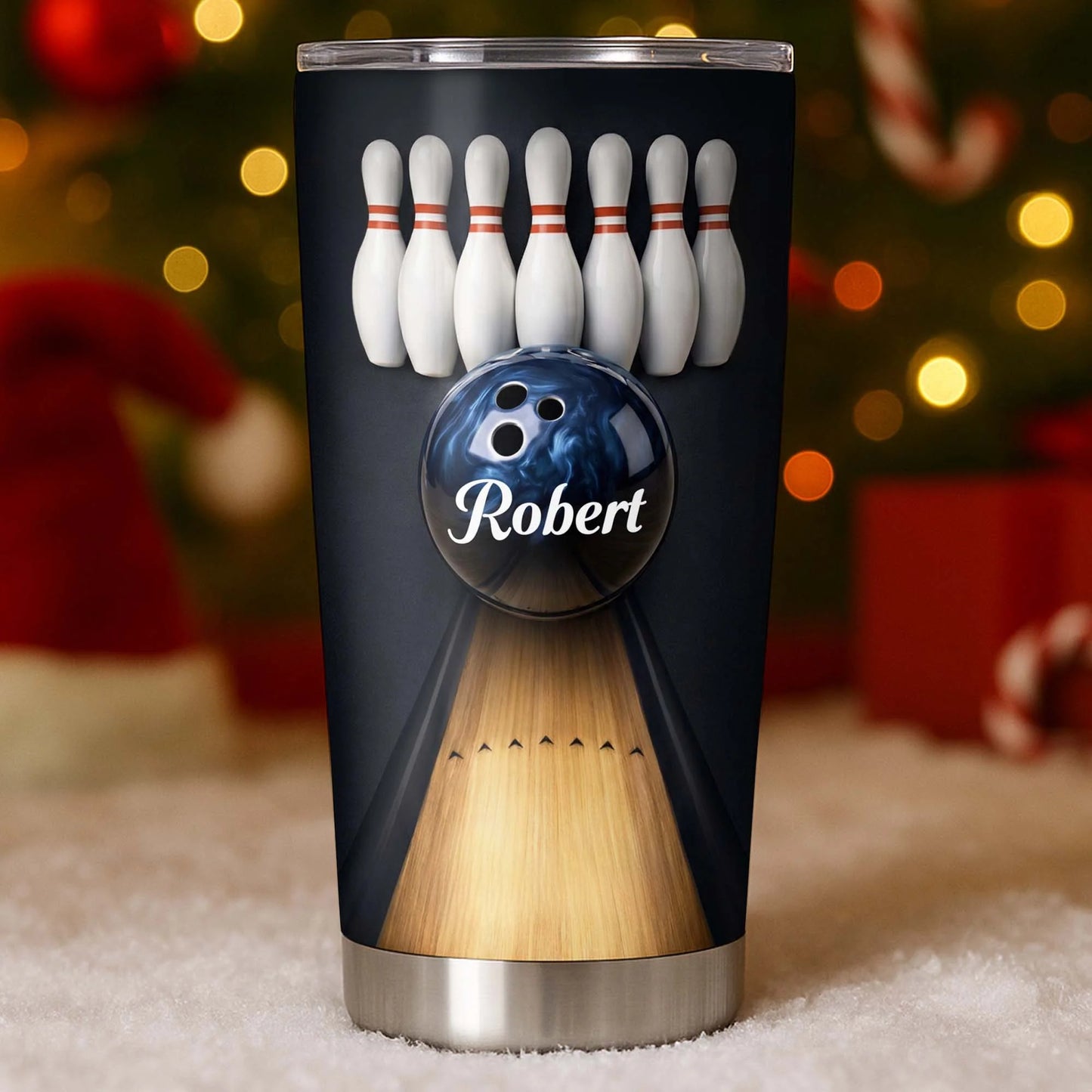 Personalized bowling tumbler with a custom name printed on a blue bowling ball with bowling pins and lane image 8