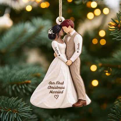 Our First Christmas Married Personalized Wooden Ornament - Custom Newlywed Wedding Keepsake Gift for Couples