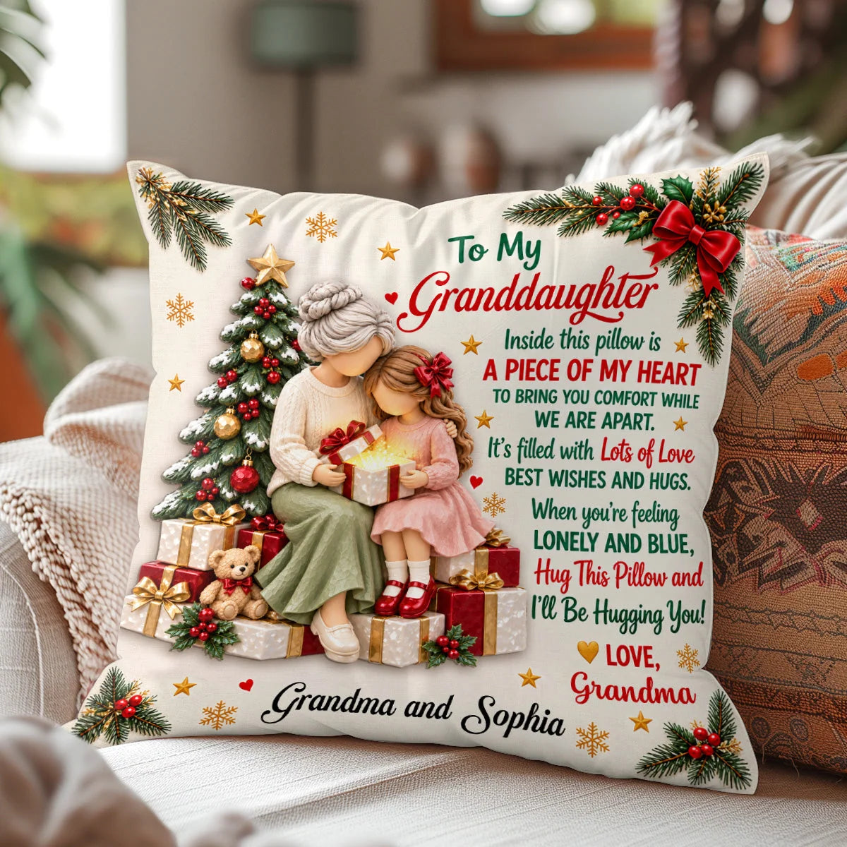 I'll Be Hugging You Personalized Christmas Pillow - Custom Holiday Keepsake for Granddaughter
