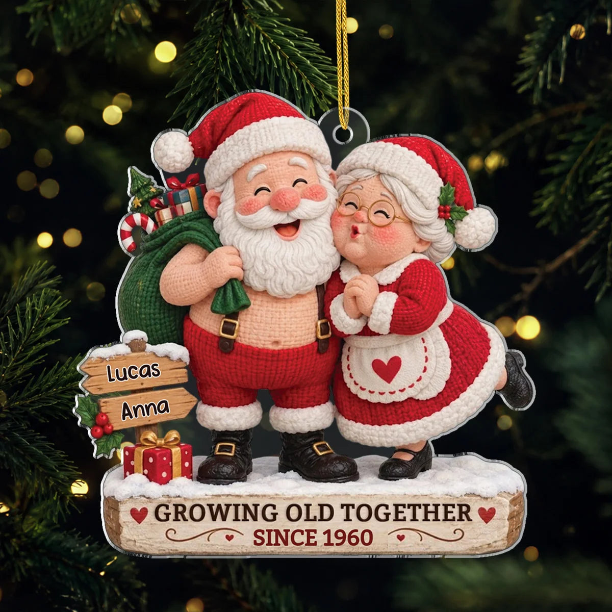 Growing Old Together Santa Couple Ornament - Personalized Acrylic Keepsake with Custom Names, Mr & Mrs Christmas Gift for Couples
