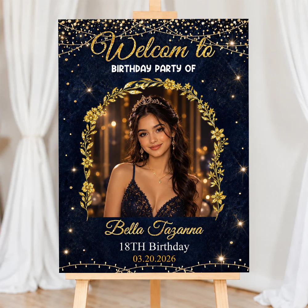 Personalized wedding welcome sign with custom glitter style background text for elegant couples marriage ceremony
