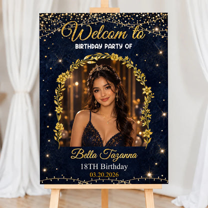 Personalized wedding welcome sign with custom glitter style background text for elegant couples marriage ceremony
