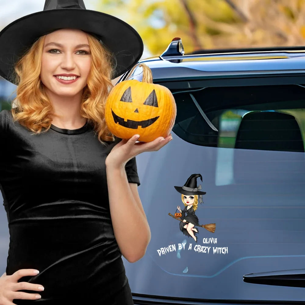 Driven By A Crazy Witch Personalized Car Decal - Custom Halloween Sticker Gift