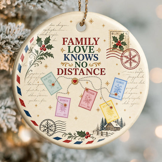 "Family Love Knows No Distance" Personalized Ceramic Ornament - Long Distance Christmas Keepsake Gift for Family
