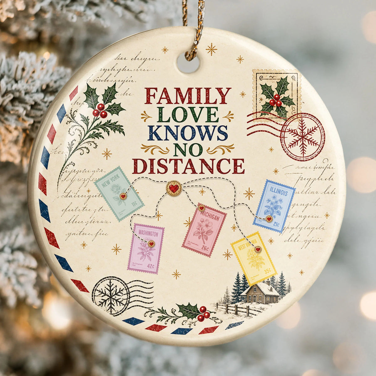 "Family Love Knows No Distance" Personalized Ceramic Ornament - Long Distance Christmas Keepsake Gift for Family