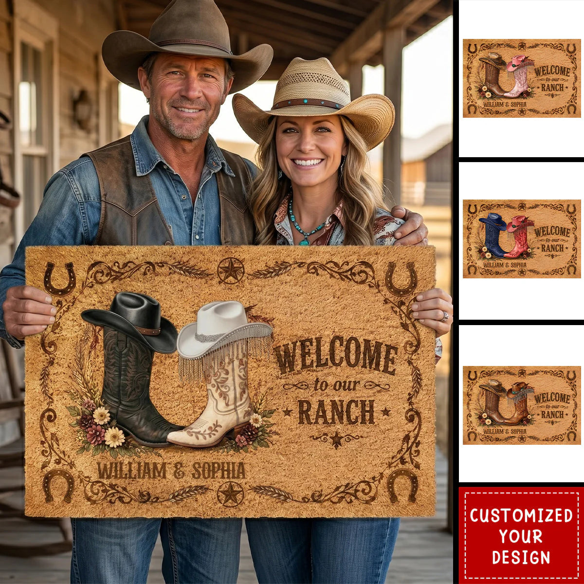 Personalized western doormat with custom cowboy boots and names for a couple ranch housewarming gift
